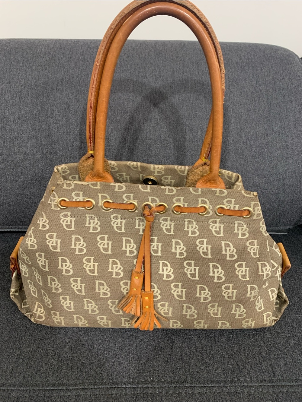 Dooney & Bourke Brown Monogram Tote with Tan Leather Trim
